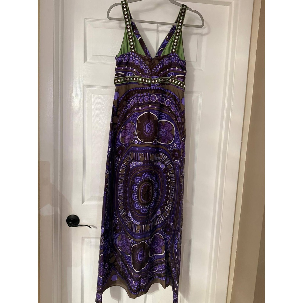 ITW by Claude Brown Purple Geometric Boho Maxi Dress Studded V-Neck Size 6 - Picture 3 of 7
